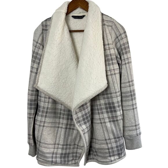 Abercrombie & Fitch Gray Plaid Fleece Lined Shrug Collar Style Jacket Size Small - Picture 1 of 12